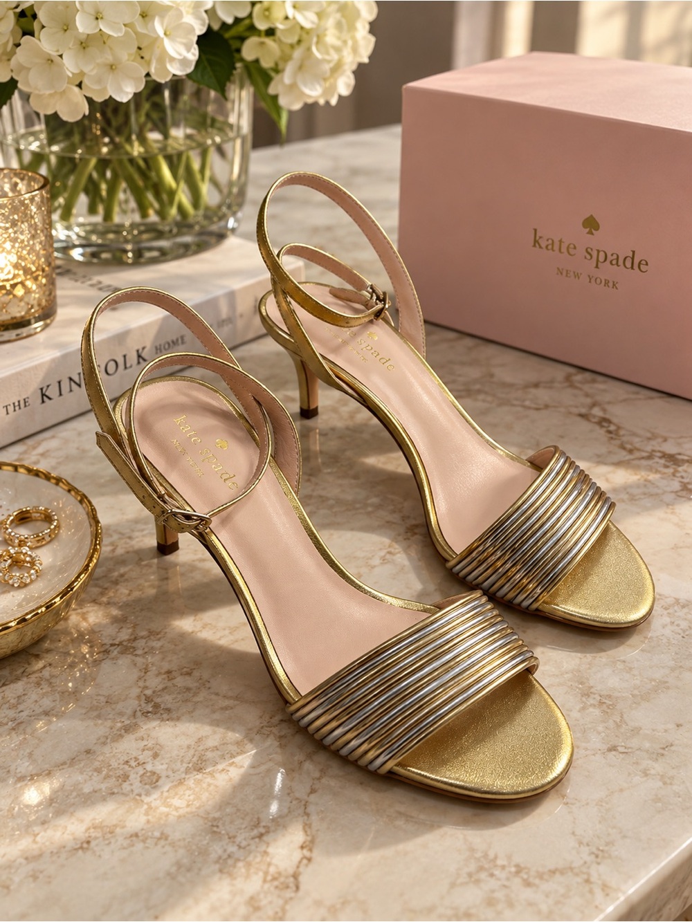 kate spade Gold Metallic Strappy Mid-Heel Sandals - Picture 5 of 5